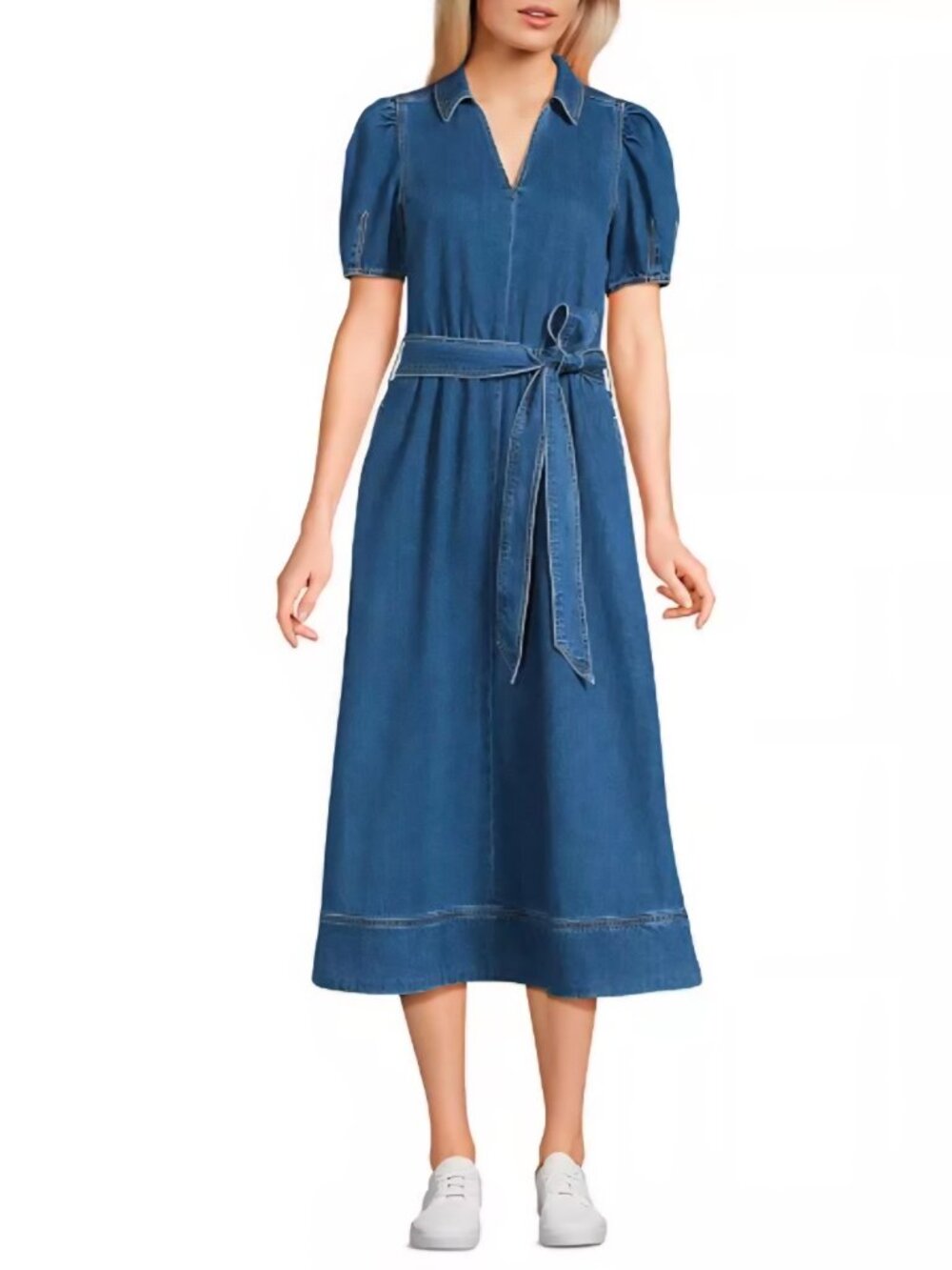 Land’s End Soft Denim Puff-sleeve Midi Dress V-neckline w/Belt size small (6-8)